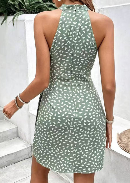 Casual Green Tie Waist Print Chiffon Mid Dress Summer