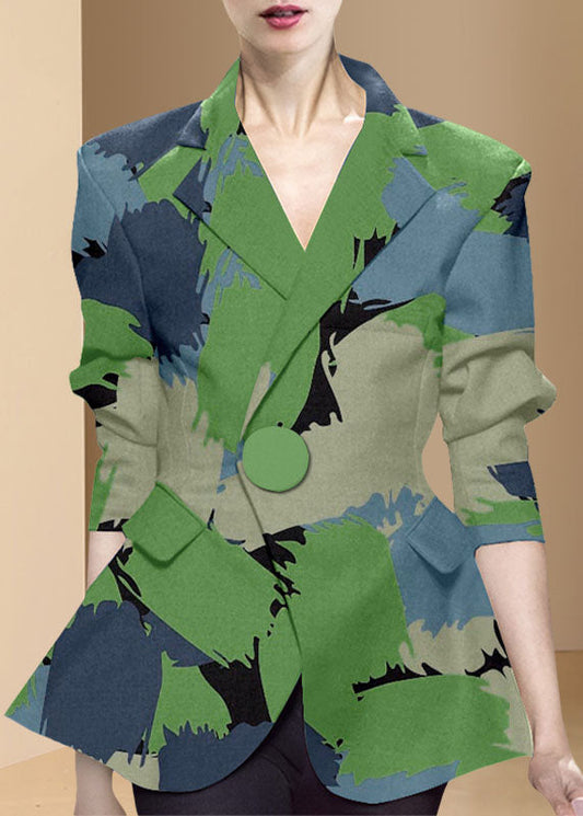 Lässiger grüner Knopf Peter Pan Kragen Print Western-Stil Kleidung Mantel Langarm