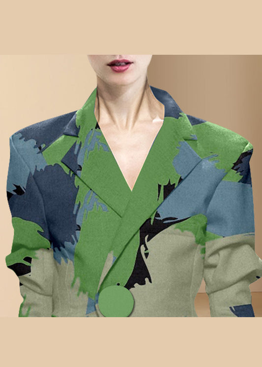 Lässiger grüner Knopf Peter Pan Kragen Print Western-Stil Kleidung Mantel Langarm