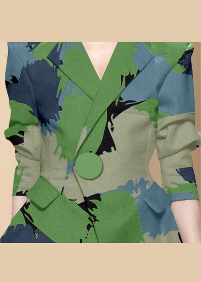 Lässiger grüner Knopf Peter Pan Kragen Print Western-Stil Kleidung Mantel Langarm