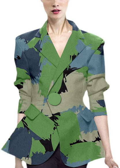 Lässiger grüner Knopf Peter Pan Kragen Print Western-Stil Kleidung Mantel Langarm