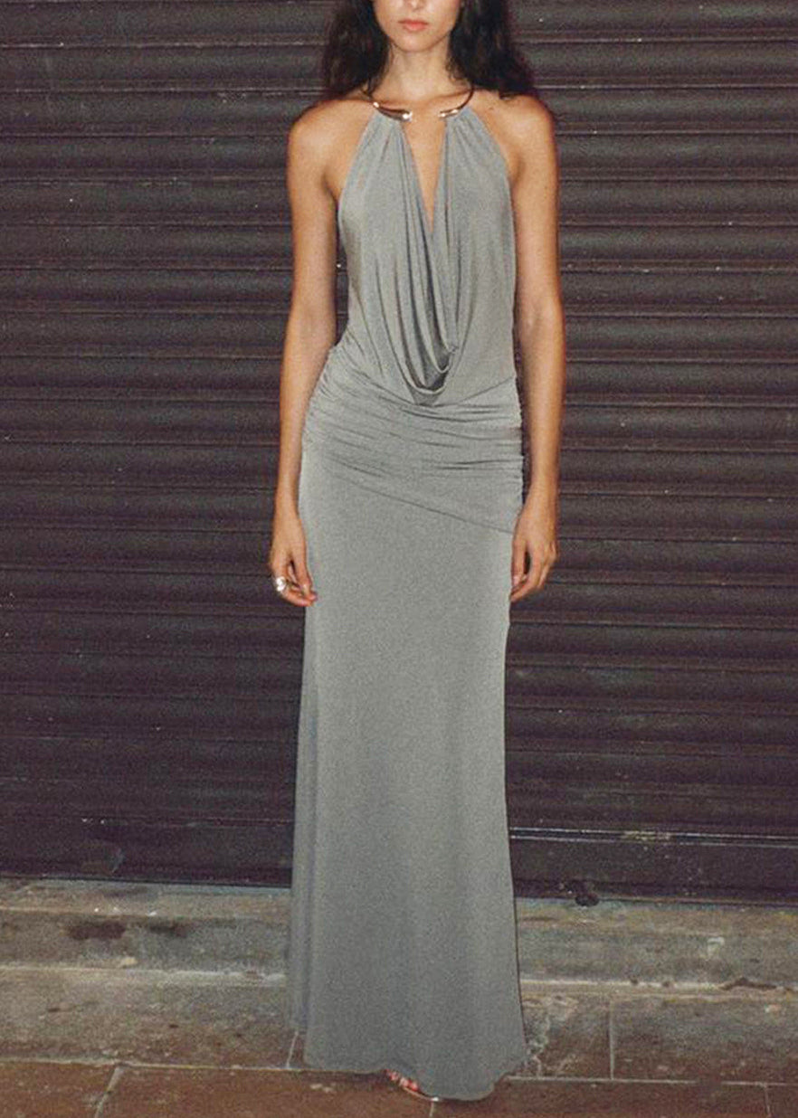 Casual Grey Backless Wrinkled Slim Fit Long Dresses Summer