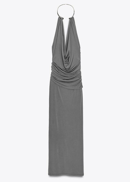 Casual Grey Backless Wrinkled Slim Fit Long Dresses Summer