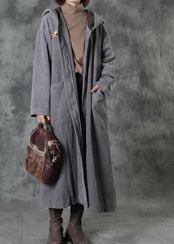 Casual Grey Button Hooded Pockets Winter Cotton Parka Long Sleeve - SooLinen