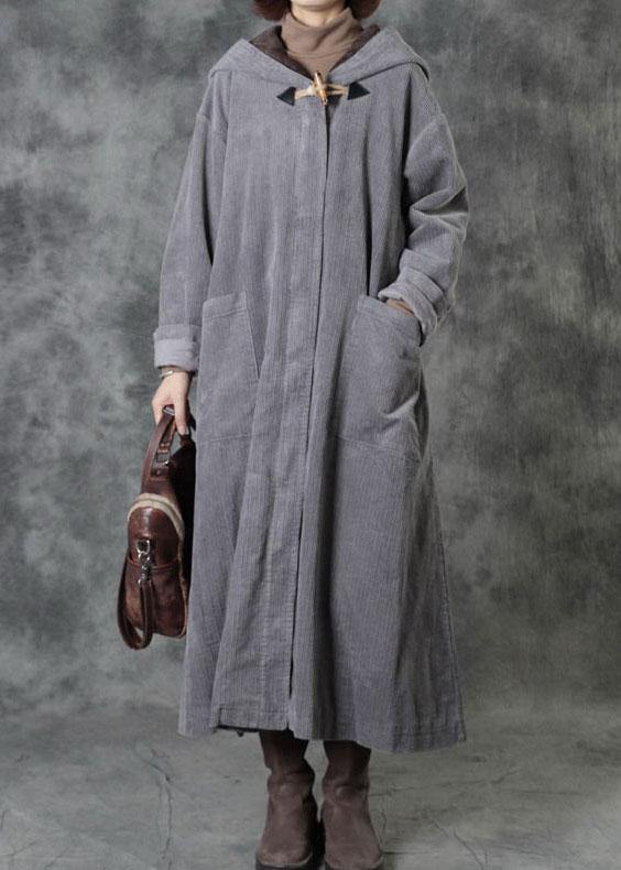 Casual Grey Button Hooded Pockets Winter Cotton Parka Long Sleeve - SooLinen