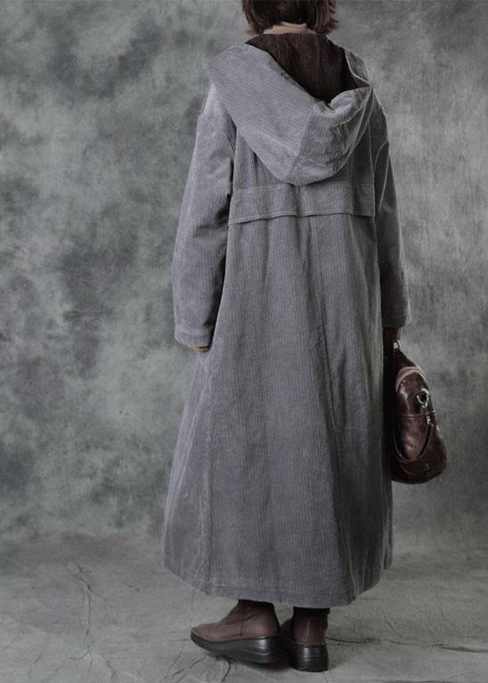 Casual Grey Button Hooded Pockets Winter Cotton Parka Long Sleeve - SooLinen