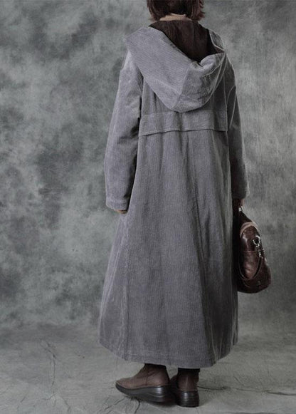 Casual Grey Button Hooded Pockets Winter Cotton Parka Long Sleeve - SooLinen