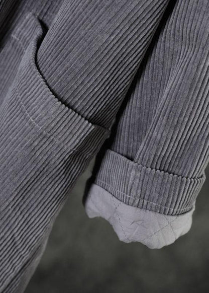 Casual Grey Button Hooded Pockets Winter Cotton Parka Long Sleeve - SooLinen