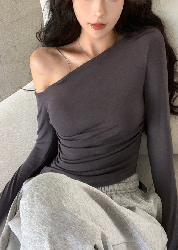 Casual Grey Cold Shoulder Cotton Top Fall
