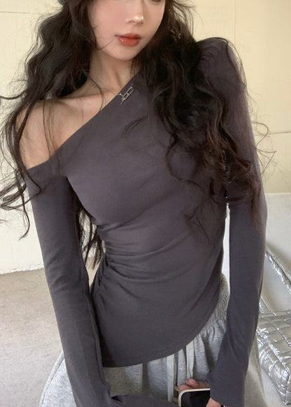 Casual Grey Cold Shoulder Cotton Top Fall