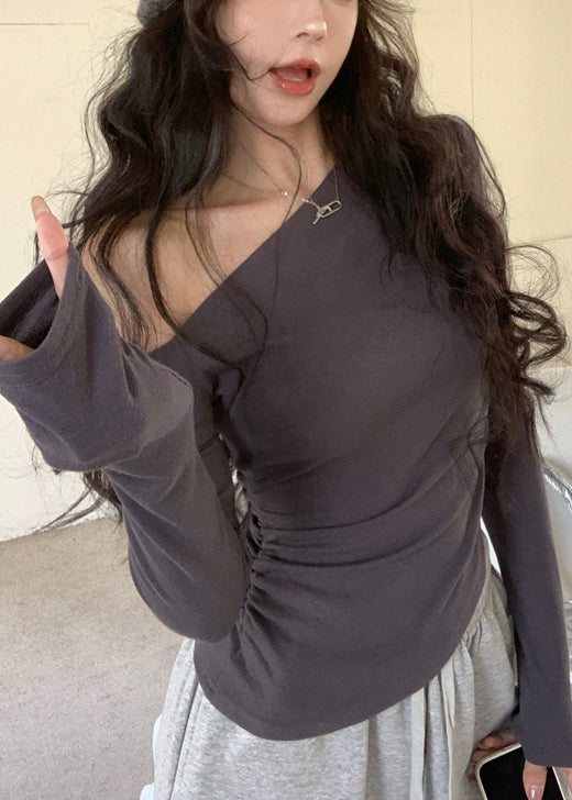 Casual Grey Cold Shoulder Cotton Top Fall