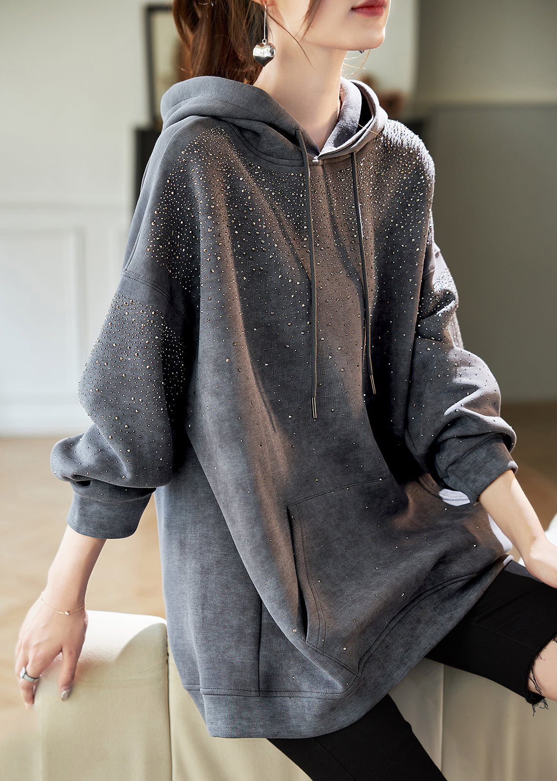 Casual Grey Drawstring Zircon Pockets Hooded Sweatshirts Lantern Sleeve