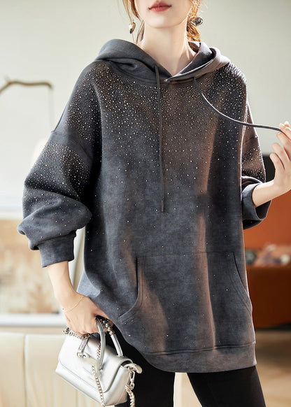 Casual Grey Drawstring Zircon Pockets Hooded Sweatshirts Lantern Sleeve