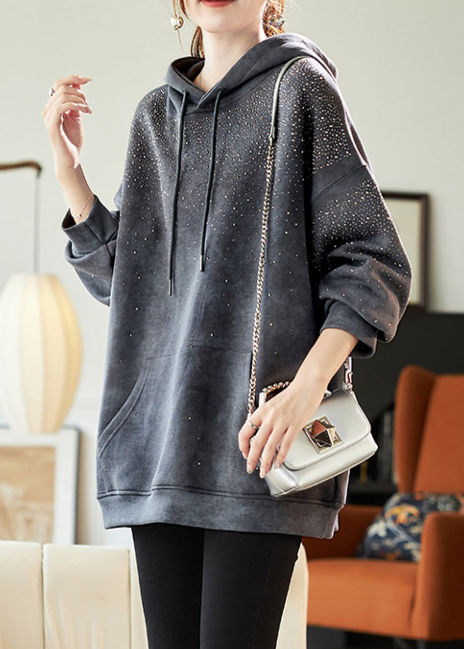 Casual Grey Drawstring Zircon Pockets Hooded Sweatshirts Lantern Sleeve
