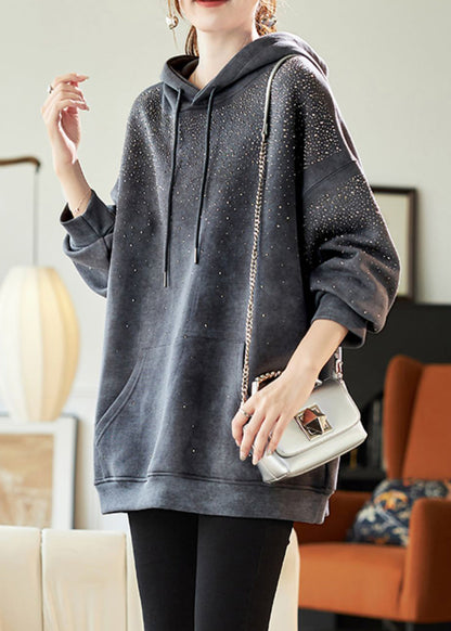 Casual Grey Drawstring Zircon Pockets Hooded Sweatshirts Lantern Sleeve