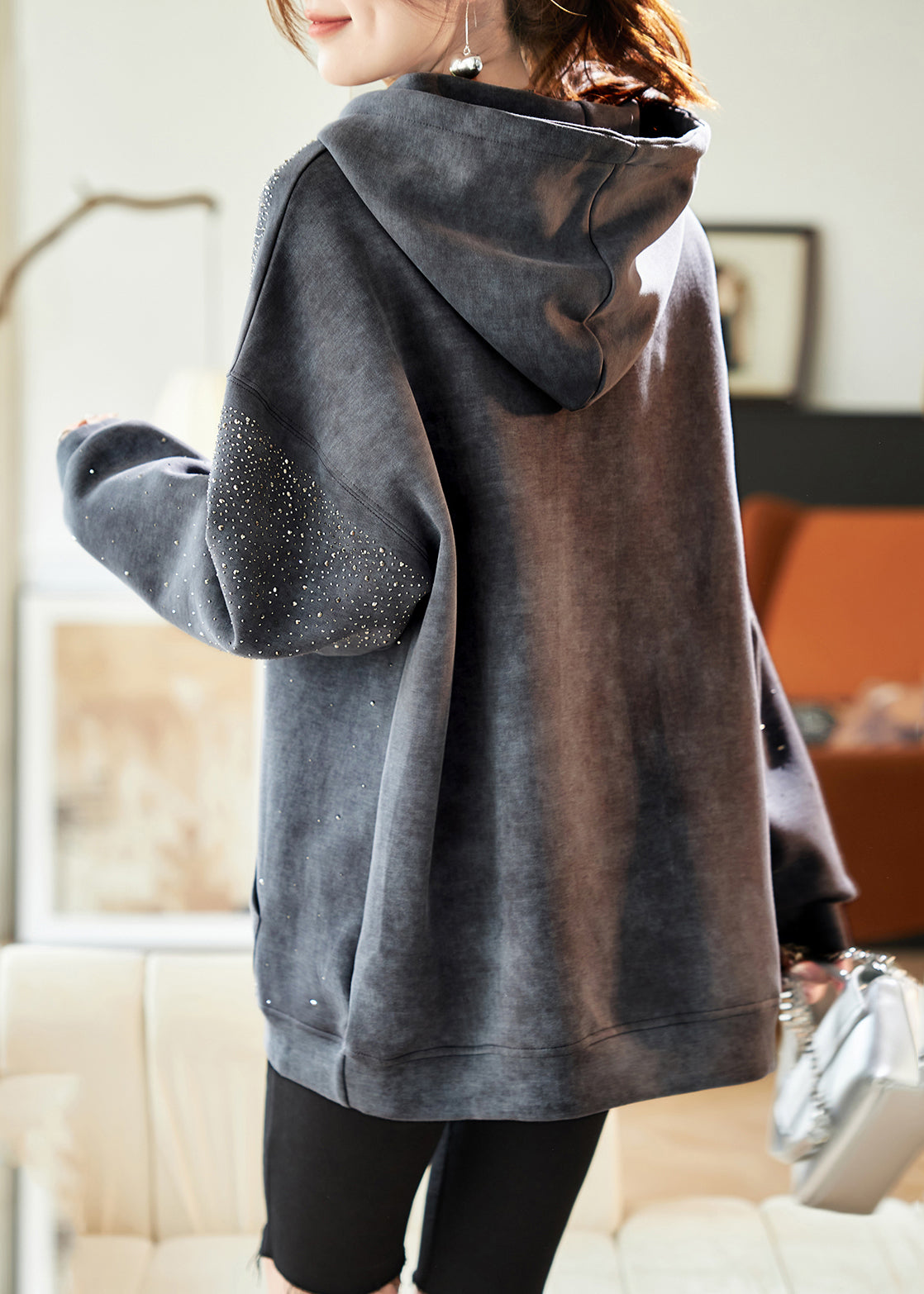 Casual Grey Drawstring Zircon Pockets Hooded Sweatshirts Lantern Sleeve