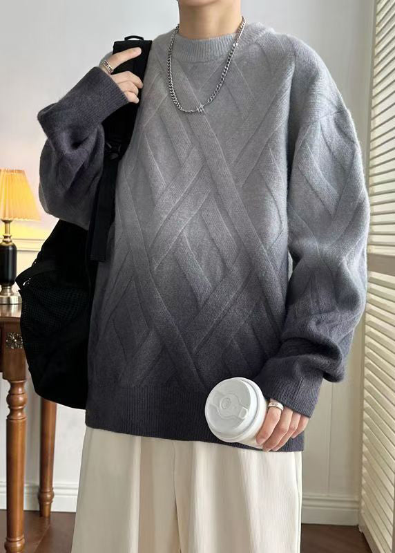 Casual Grey Gradient Color O Neck Plaid Knit Men Sweaters Winter