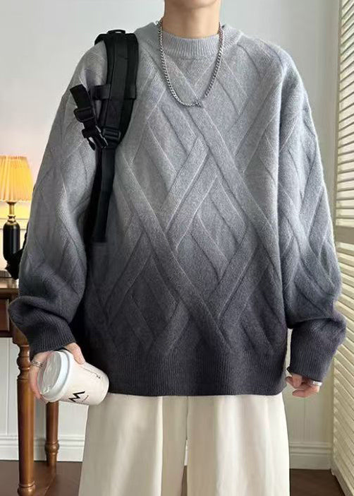 Casual Grey Gradient Color O Neck Plaid Knit Men Sweaters Winter