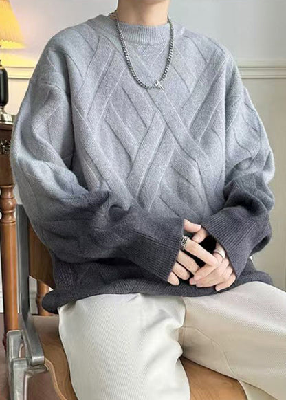 Casual Grey Gradient Color O Neck Plaid Knit Men Sweaters Winter