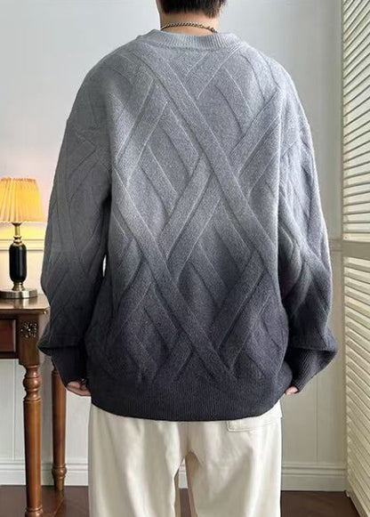 Casual Grey Gradient Color O Neck Plaid Knit Men Sweaters Winter