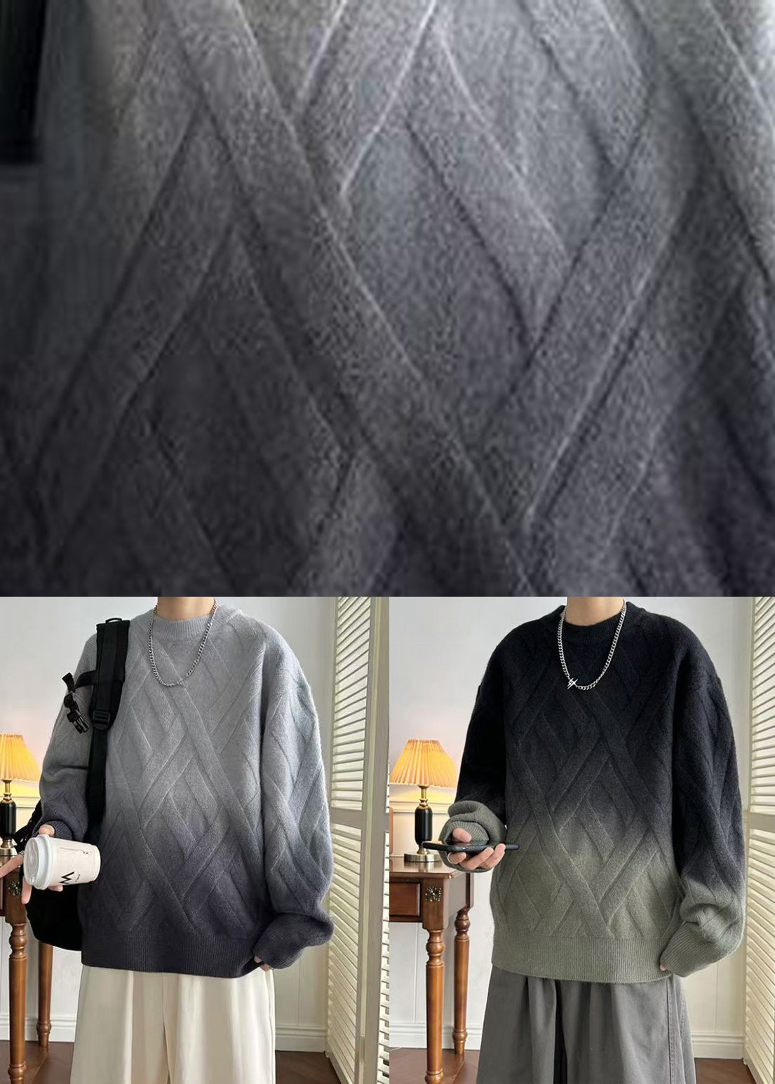 Casual Grey Gradient Color O Neck Plaid Knit Men Sweaters Winter