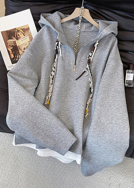 Casual Grey Hooded Zippered False Two Pieces Cotton Sweatshirts Top Fall