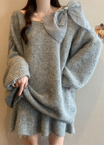 Lässiges graues Strickset aus Baumwolle mit Rundhalsausschnitt, bestehend aus Pullover und Rock, zweiteilig, für den Winter