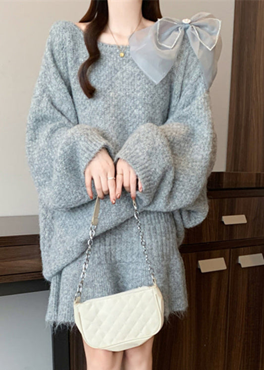 Lässiges graues Strickset aus Baumwolle mit Rundhalsausschnitt, bestehend aus Pullover und Rock, zweiteilig, für den Winter