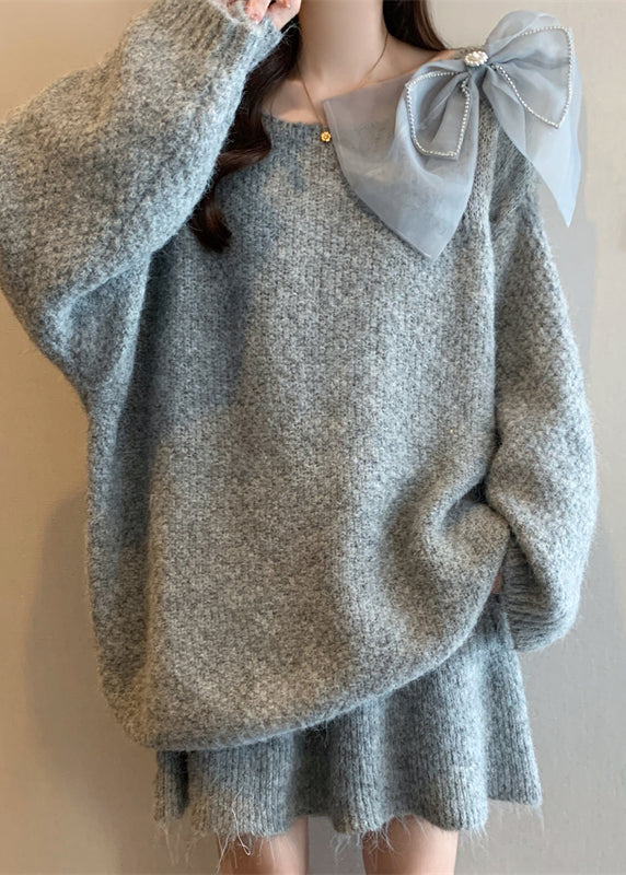 Lässiges graues Strickset aus Baumwolle mit Rundhalsausschnitt, bestehend aus Pullover und Rock, zweiteilig, für den Winter