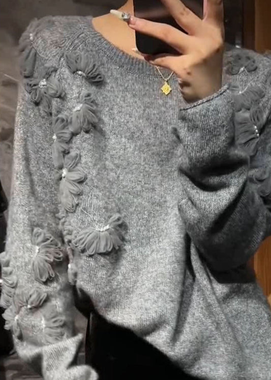 Casual Grey O-Neck Floral Cotton Knit Sweater Spring