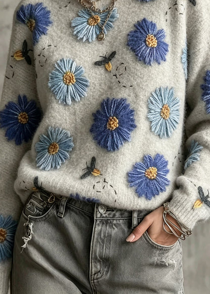 Casual Grey O-Neck Floral Cotton Knit Sweaters Fall