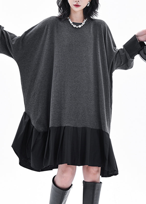 Casual Grey O-Neck Patchwork Long Dress Batwing Sleeve