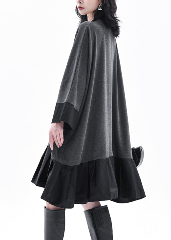 Casual Grey O-Neck Patchwork Long Dress Batwing Sleeve