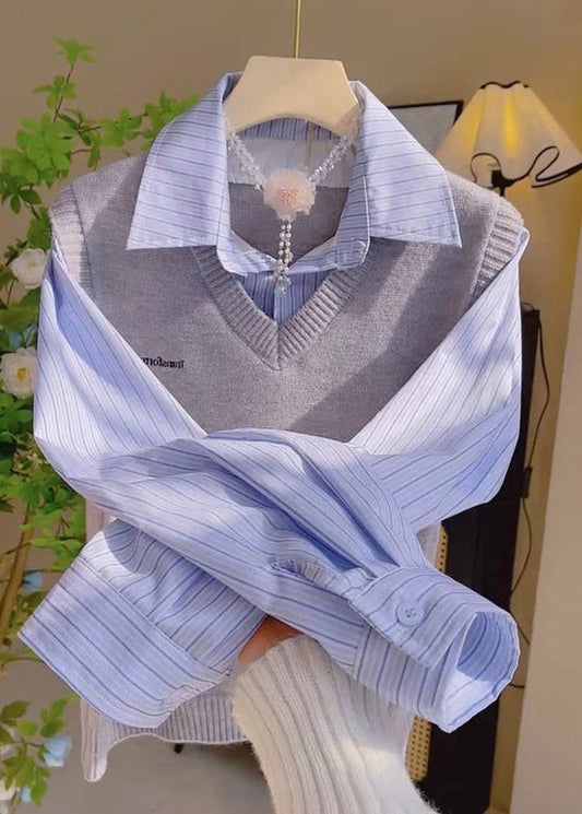 Casual Grey Peter Pan Collar False Two Pieces Patchwork Knit Tops Spring