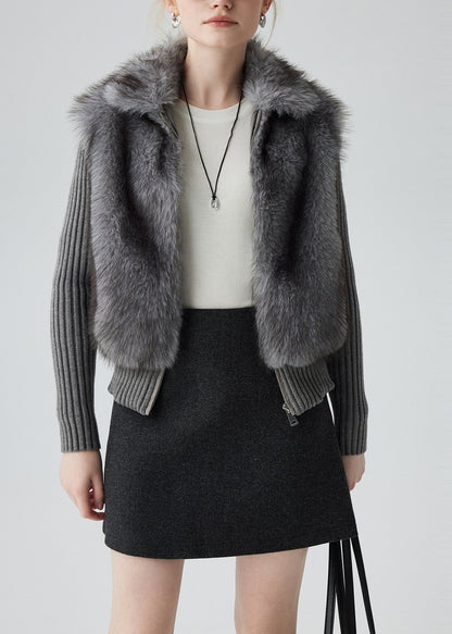 Lässige graue Strickjacke mit Peter-Pan-Kragen und Patchwork-Design aus Kunstpelz für den Winter