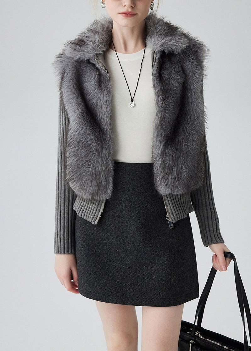 Lässige graue Strickjacke mit Peter-Pan-Kragen und Patchwork-Design aus Kunstpelz für den Winter