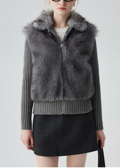 Lässige graue Strickjacke mit Peter-Pan-Kragen und Patchwork-Design aus Kunstpelz für den Winter