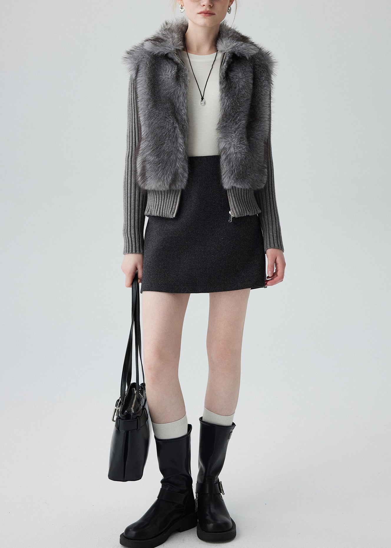 Lässige graue Strickjacke mit Peter-Pan-Kragen und Patchwork-Design aus Kunstpelz für den Winter