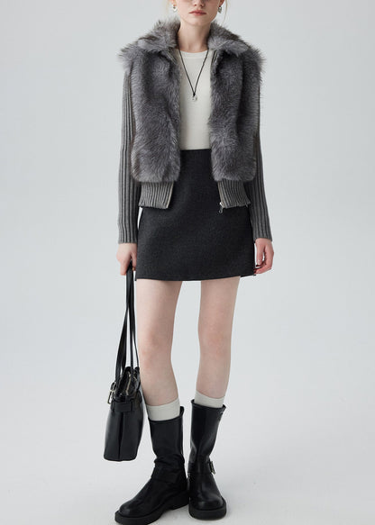 Lässige graue Strickjacke mit Peter-Pan-Kragen und Patchwork-Design aus Kunstpelz für den Winter