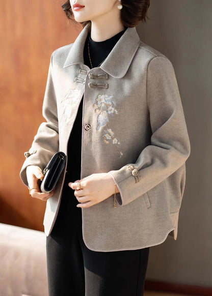 Casual Grey Peter Pan Collar Woolen Coats Spring