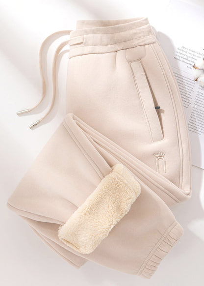 Casual Grey Pockets Elastic Waist Teddy Warm Fleece Pants Winter