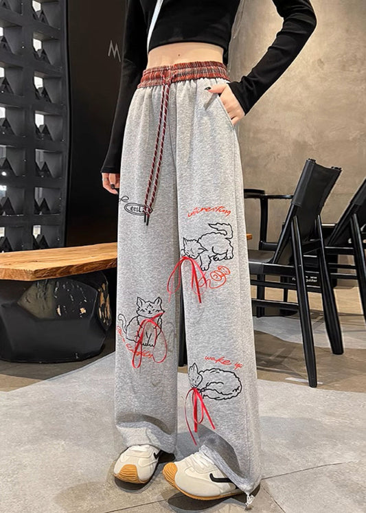 Pantalones casuales de algodón con cintura elástica y estampado de bolsillos grises para primavera