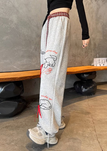 Pantalones casuales de algodón con cintura elástica y estampado de bolsillos grises para primavera