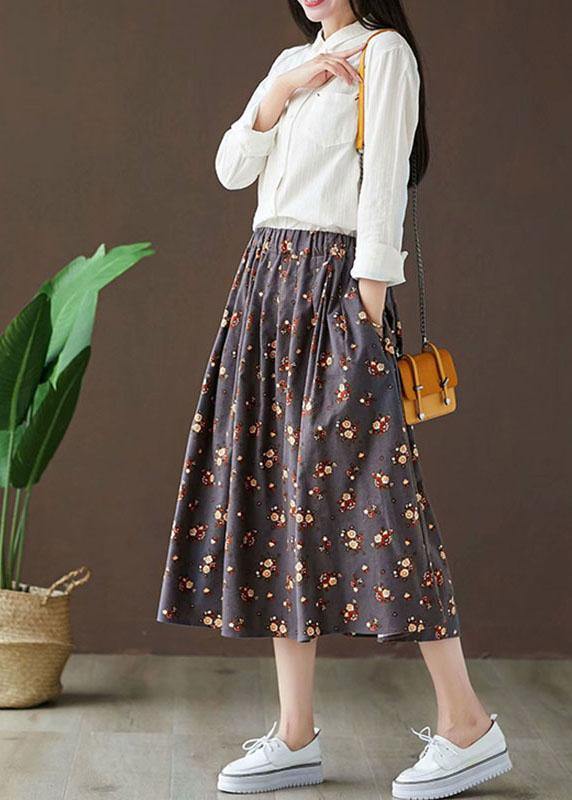Casual Grey Pockets Print Fall A Line Skirt - SooLinen