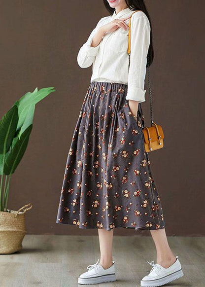 Casual Grey Pockets Print Fall A Line Skirt - SooLinen