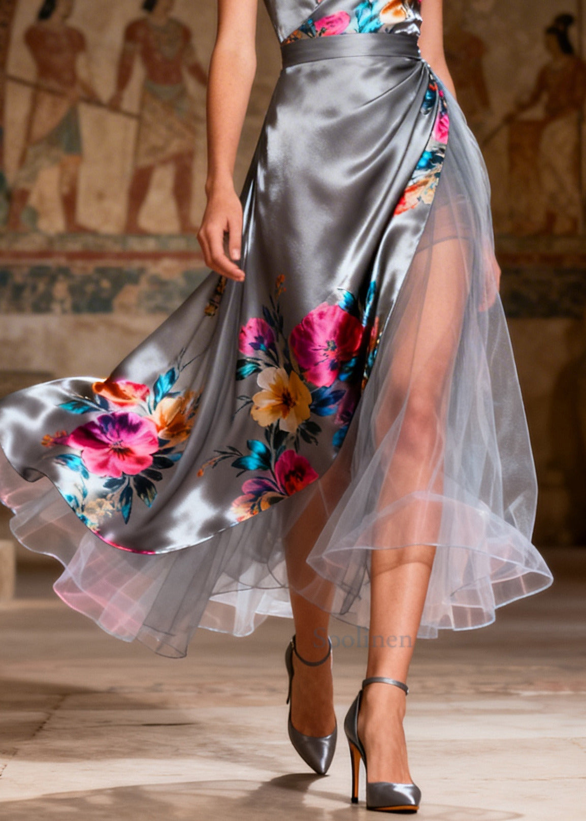 Casual Grey Print Patchwork Tulle Silk Holiday Dress Summer