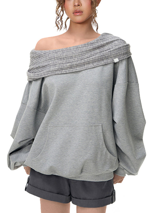 Casual Grey Slash Neck Pockets Sweatshirts Lantern Sleeve