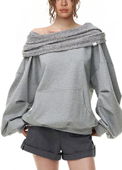 Lässiges graues Sweatshirt mit schrägem Ausschnitt, Taschen und Laternenärmeln