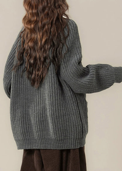 Lässige graue Strickjacke mit Stehkragen aus dickem Baumwollstrick für den Winter