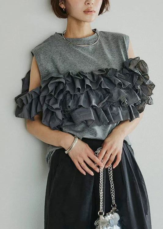 Casual Grey Stereoscopic Flower Cotton Shirts Sleeveless